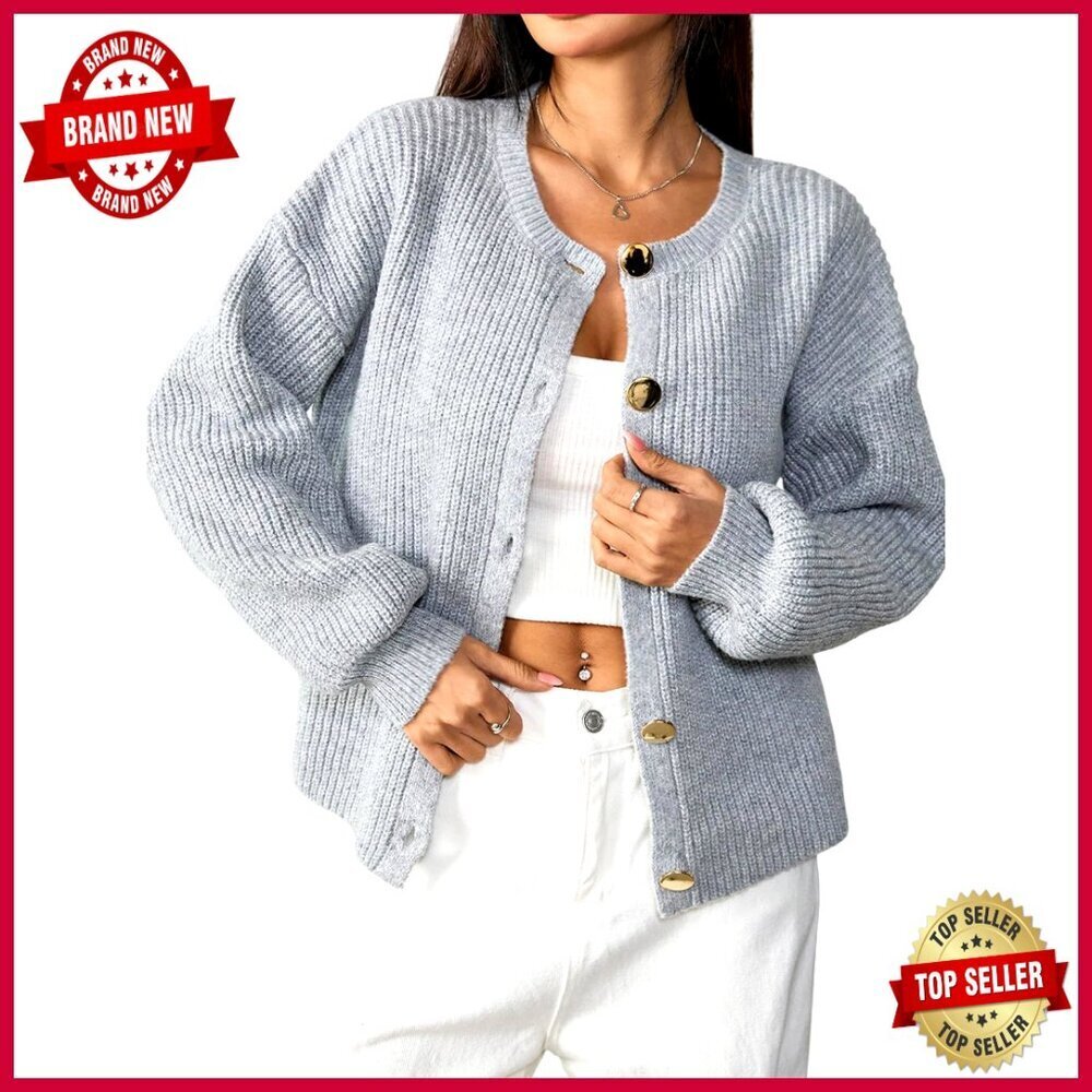 Oversized Chunky Knit Cropped Cardigan Sweater Long Sleeve Crew Neck